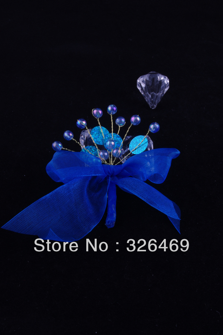 Free shipping 10pcs/lot fashion blue crystal silk wrist corsage brooch flower for wedding bestman groomsmen crystal bouquet