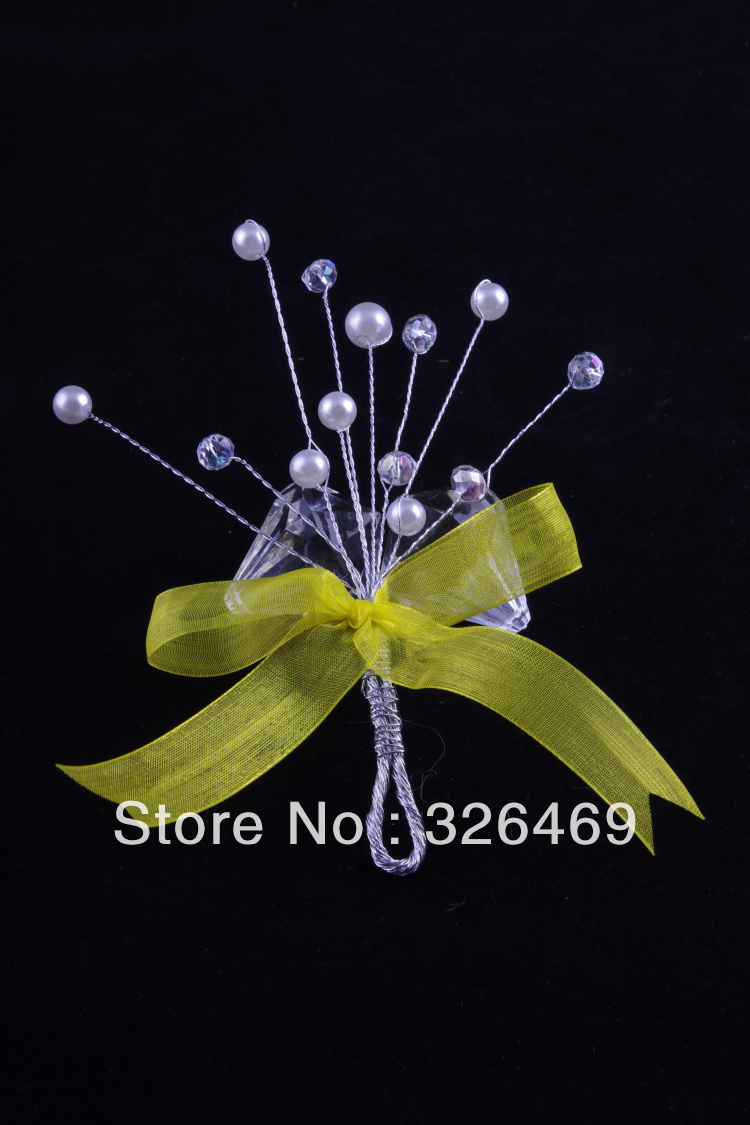 Free shipping 10pcs/lot fashion golden crystal silk wrist corsage brooch flower for wedding bestman groomsmen crystal bouquet