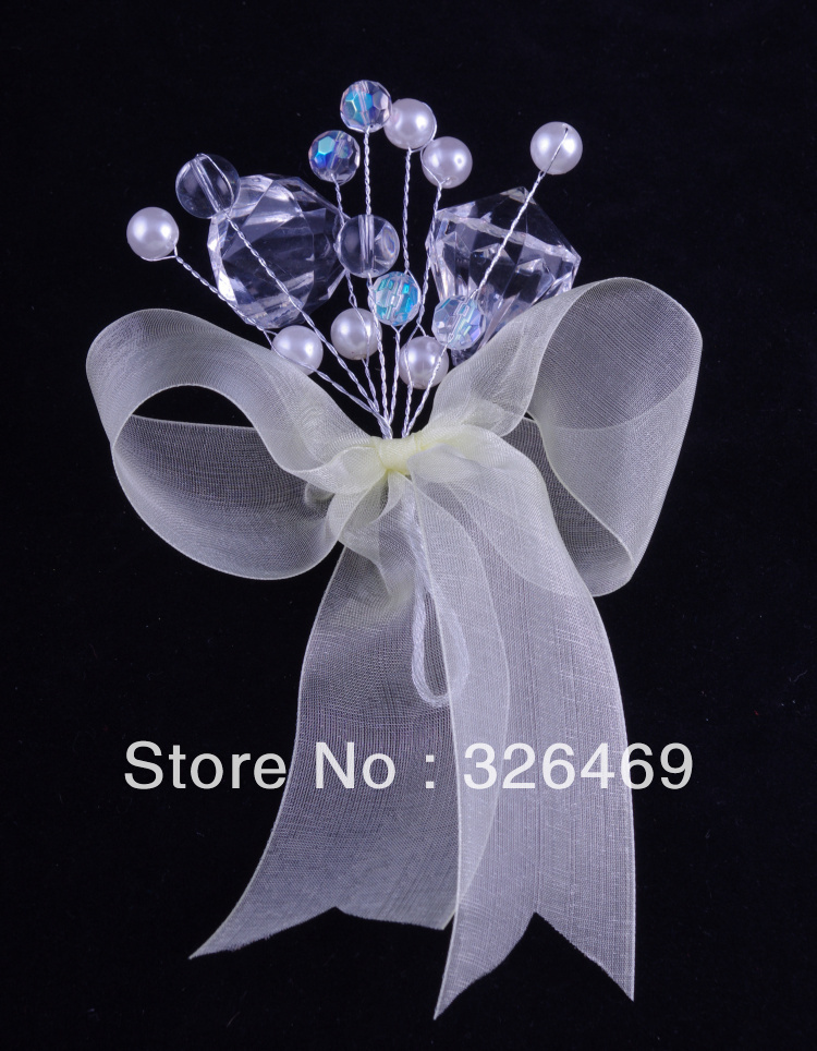 Free shipping 10pcs/lot fashion white crystal silk wrist corsage brooch flower for wedding bestman groomsmen crystal bouquet