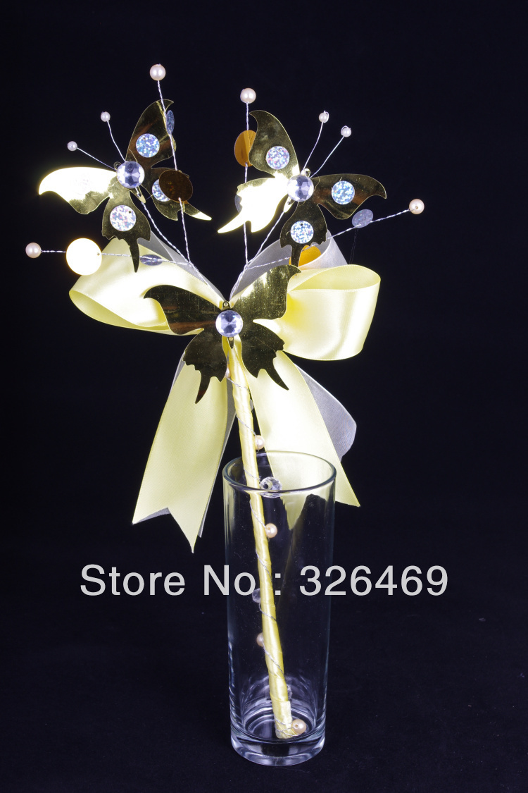 Free shipping 10pcs/lot party wedding bridal acrylic pearls silk bouquets wands butterfly sequins crystal magic flower wands