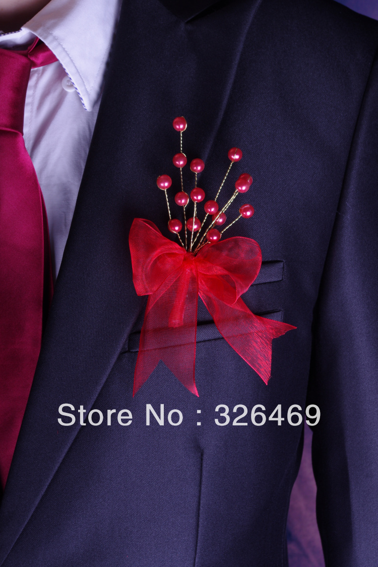 Free shipping 10pcs/lot pretty red silk wrist corsage brooch flower for wedding bestman groomsmen crystal bouquet