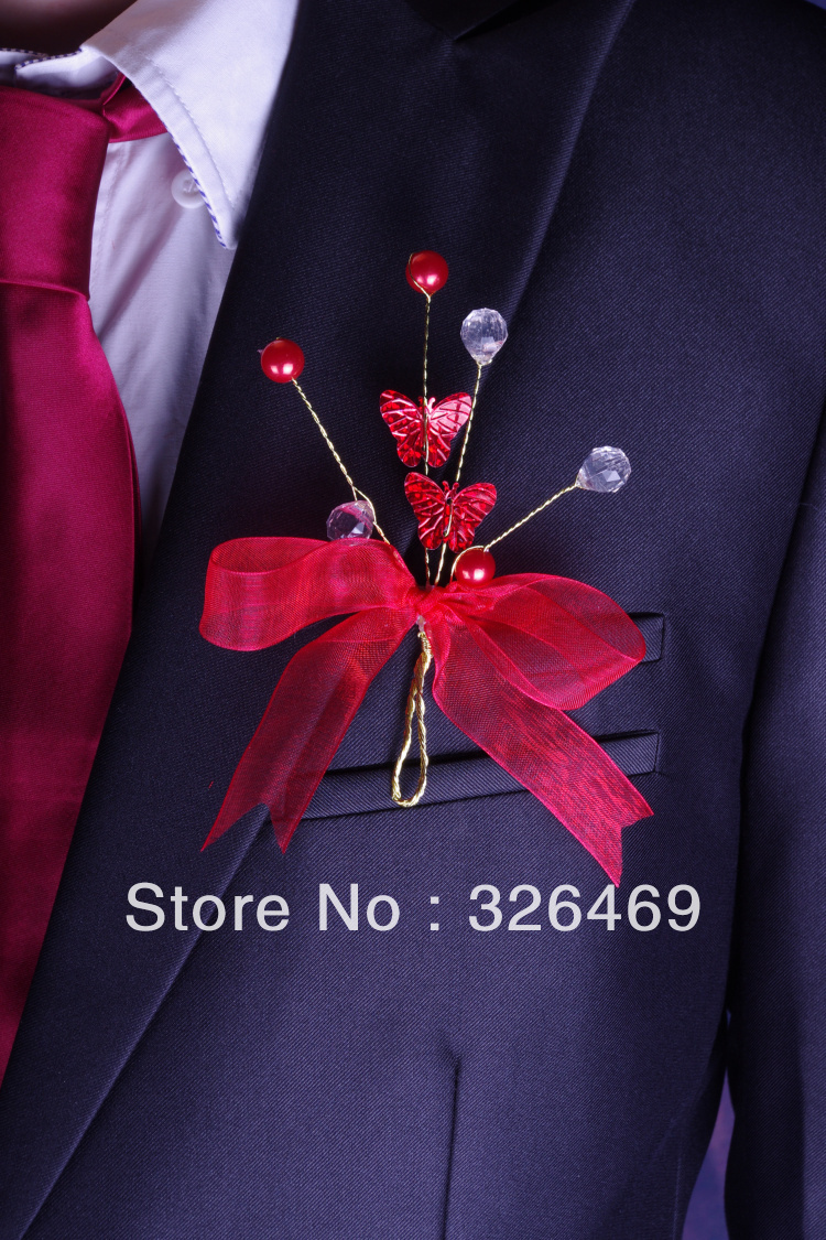 Free shipping 10pcs/lot red crystal silk wrist corsage brooch flower for wedding bestman groomsmen crystal bouquet