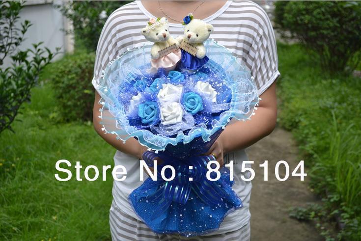 Free shipping 11 blue and simulation of two bouquets of roses couple teddy bear cartoon bouquet dried flowers AS6