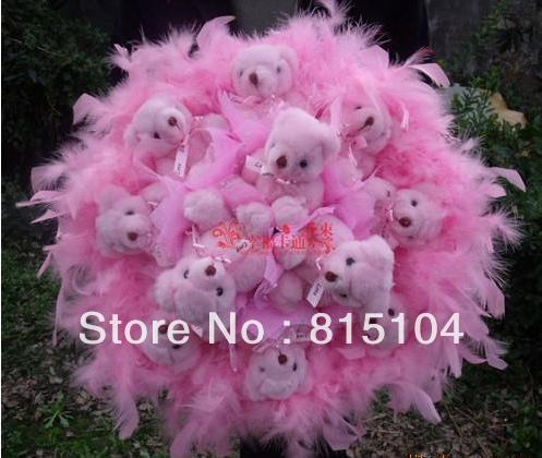 Free shipping 11 pink teddy bear doll bouquet wedding gift  palm flower ZA305