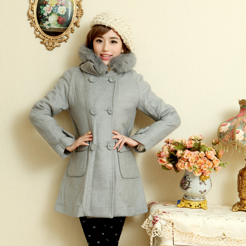 Free Shipping, 1114d333 winter fox fur double breasted two ways woolen down coat