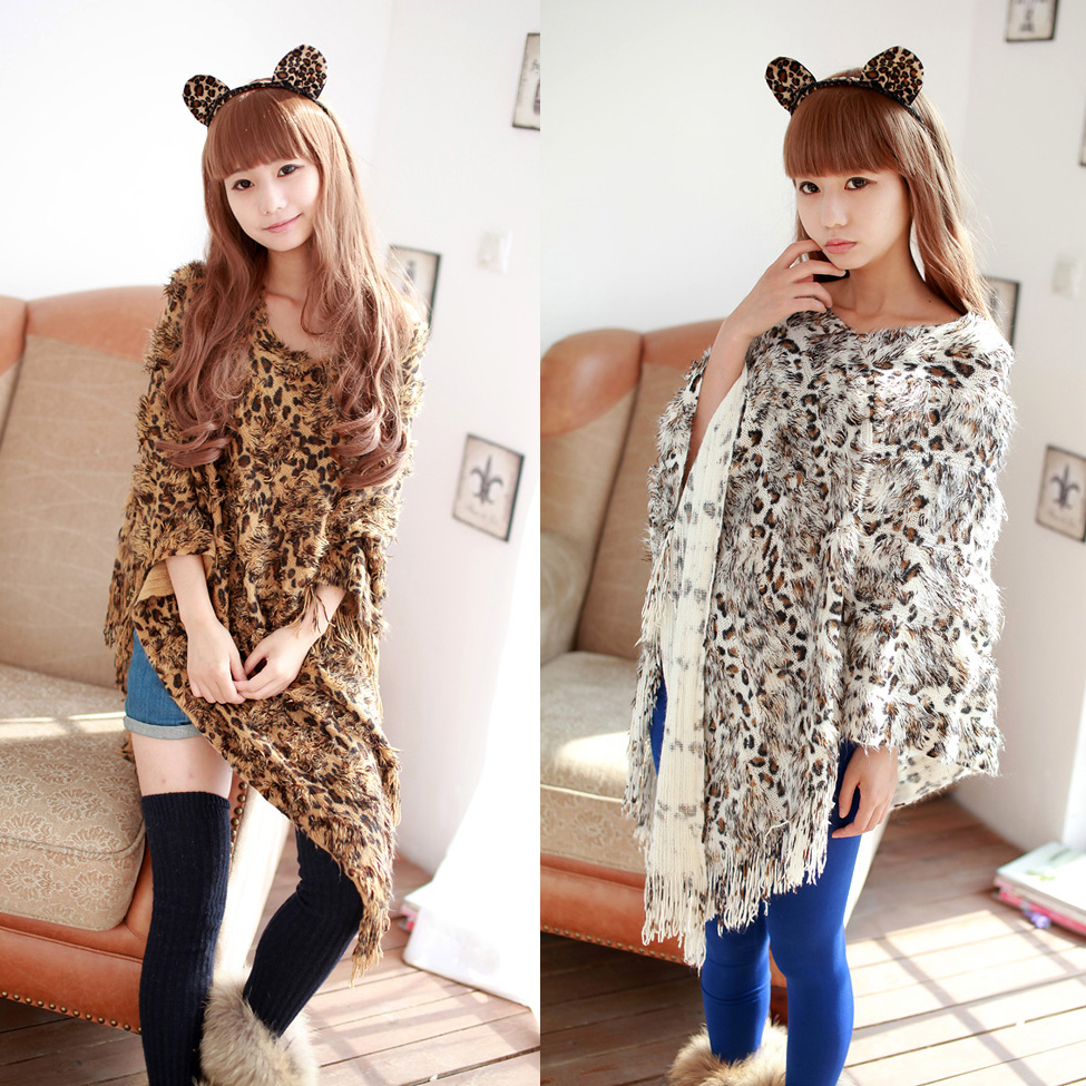 Free shipping 1147 winter leopard print tassel V-neck isconvoluting batwing irregular sweep cloak type sweater outerwear shirt