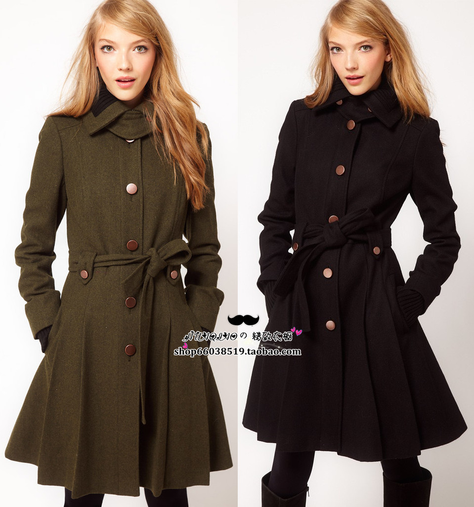 free shipping 12 asos pleated sweep knitted thread cuff wool coat trench outerwear belt 2