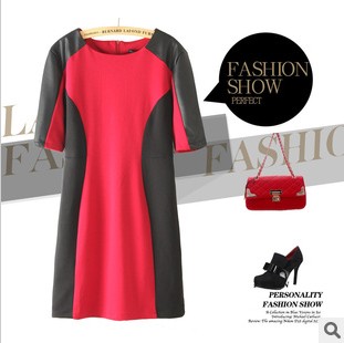 Free shipping 12 spring fashion leather patchwork color block short skirt classic collocation short-sleeve dress