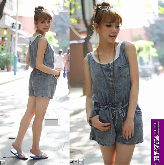 Free Shipping 120 2013 female summer thin denim bib pants one piece shorts jumpsuit c7729 wholesale