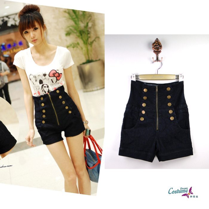 Free Shipping 120 8008 - 1 ultra elastic buttons zipper high waist denim shorts high quality wholesale