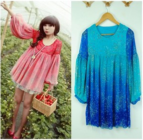 Free Shipping 120 women's autumn 86270 gradient color royal flare sleeve chiffon shirt