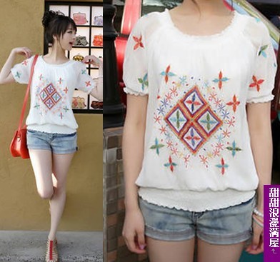 Free Shipping 120 women's summer 9171 pure sweet embroidered chiffon shirt high quality