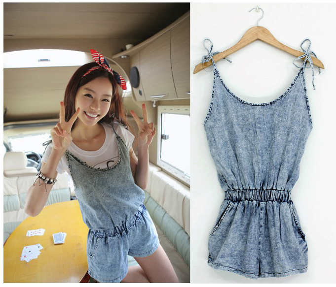 Free Shipping 120 women's summer 9217 sweet denim suspenders one piece shorts high quality