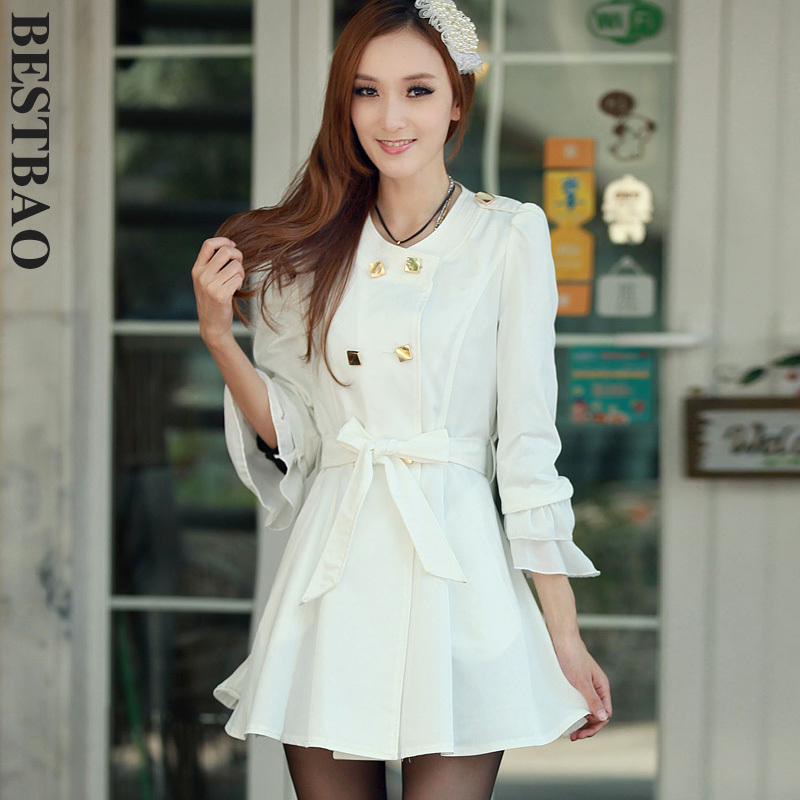 free shipping 1290 chiffon patchwork o-neck trench laciness cuff double breasted lacing bestbao female