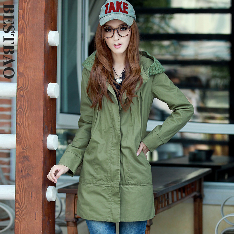 free shipping 1295 casual with a hood trench lace patchwork brief elegant bestbao female