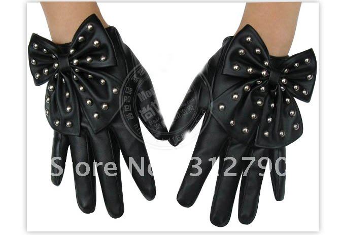 Free shipping 12pairs/lot  New wholesale women fashion faux leather gloves with rivet bowknot PU gloves gift