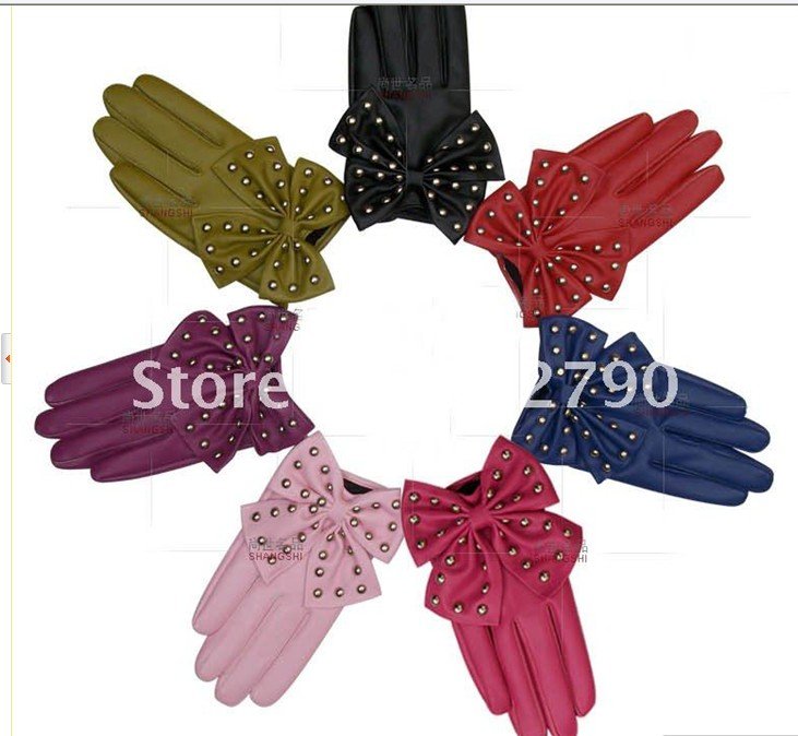 Free shipping 12pairs/lot New wholesale women fashion faux leather gloves with rivet bowknot PU gloves gift