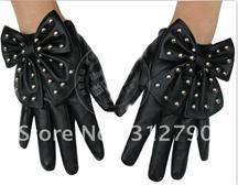 Free shipping 12pairs/lot New wholesale women fashion faux leather gloves with rivet bowknot PU gloves gift