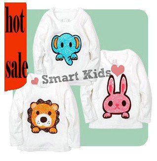 free shipping! 12pcs/lot cartoon T-shirt Lion/Elephant/Rabbit T-shirt baby girls/boys' Tees long sleeve Tees baby blouse
