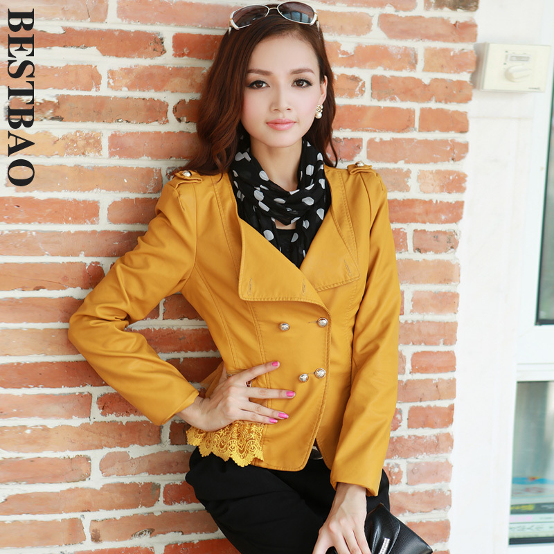 free shipping 1389 sweet paragraph double breasted leather clothing lace decoration fashion all-match bestbao female