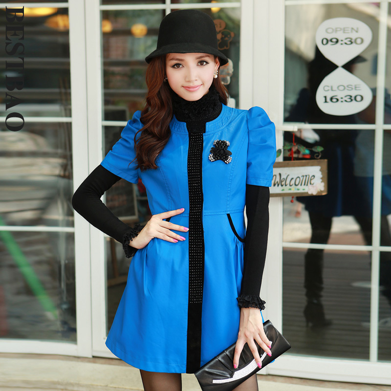 free shipping 1390 short-sleeve medium-long trench color block decoration diamond front fly fashion all-match bestbao female