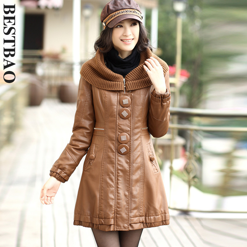 free shipping 1488 quality slim leather wadded jacket knitted collar brief bestbao female