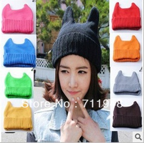Free shipping,15 colours 2012 new men and women Devil horns knitted cap Cat ears Korean candy hats