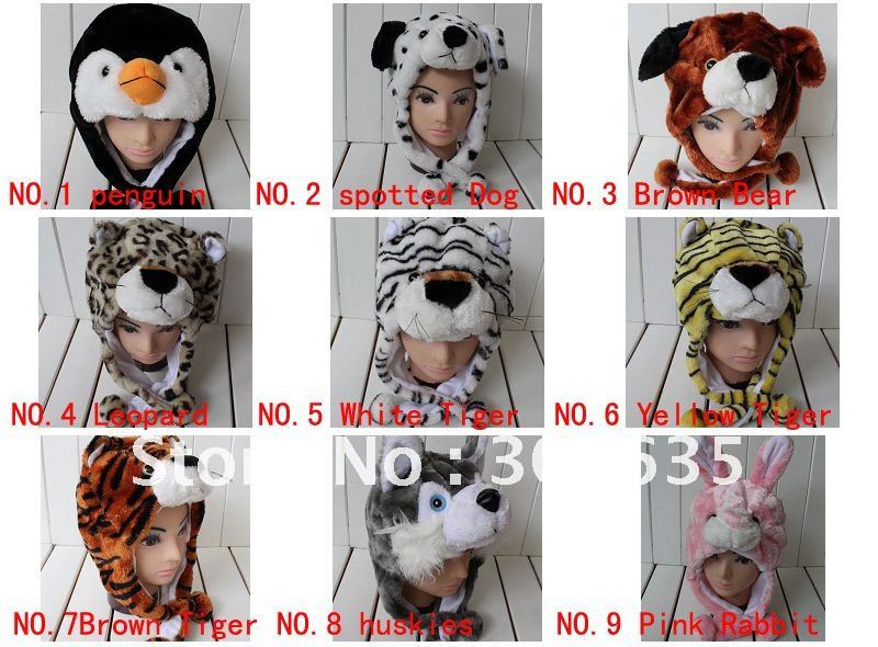 Free shipping (150PCS/Lot) Animal plush hat(bird,bear,dog,panda,pikachu,frog,tiger,leopard,penguin,rabbit,hello kitty,elephant)