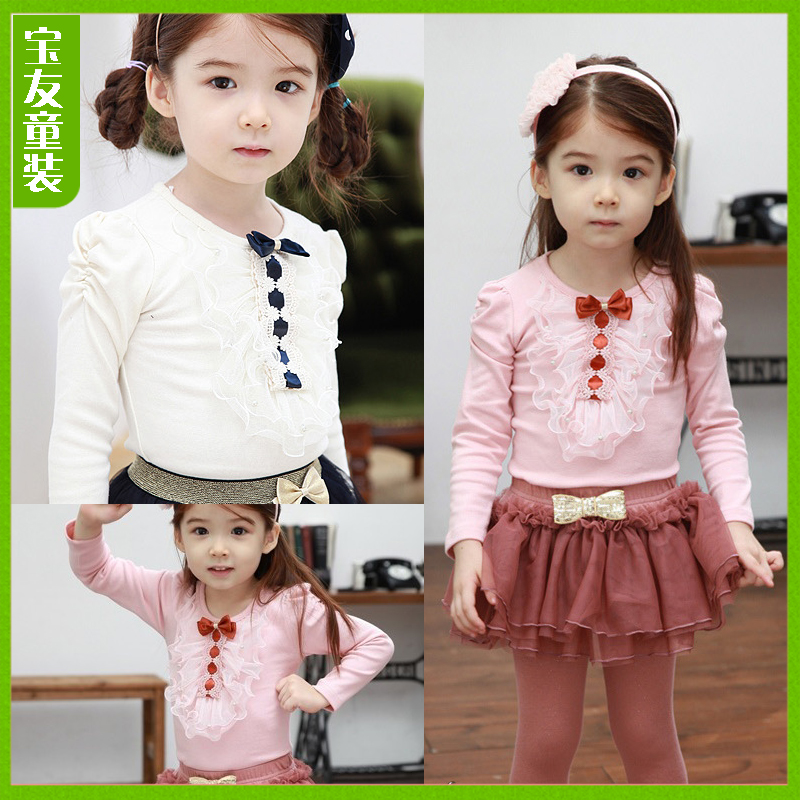 Free shipping  1521 - 2  spring ribbon laciness female child basic shirt 5pcs/lot size100-140 kids dress wholesale