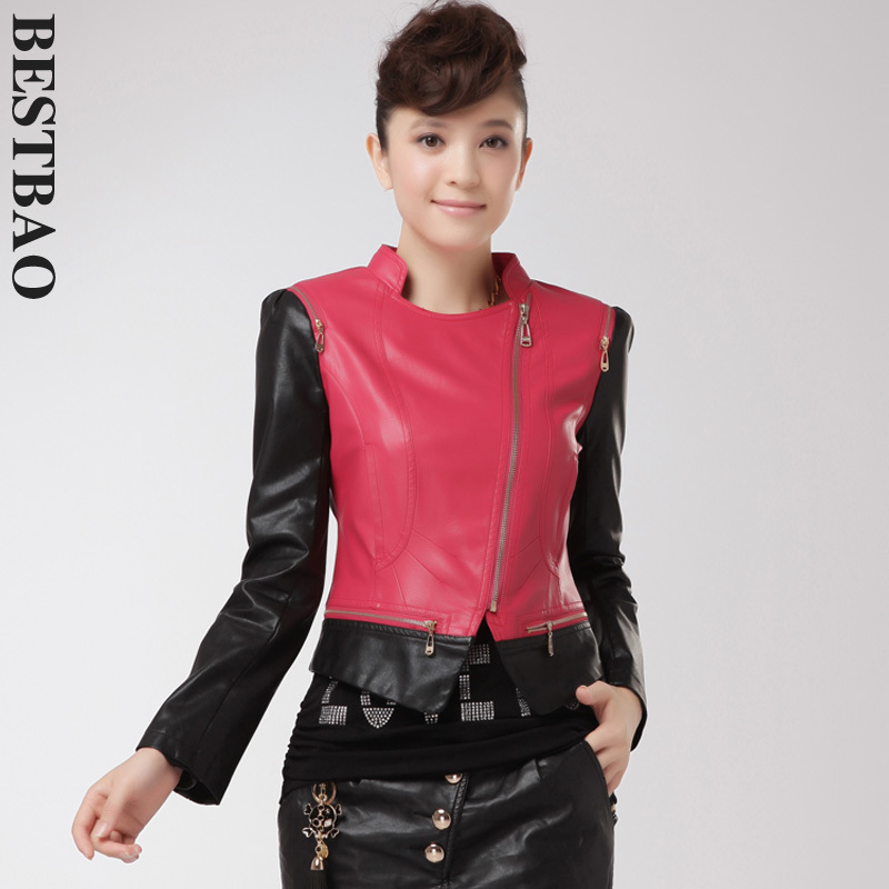 free shipping 1558 fashion color block decoration slim leather clothing puff sleeve brief stand collar bestbao female