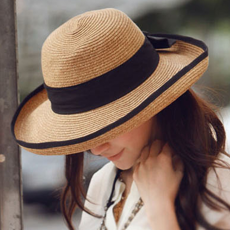free shipping 16 summer casual sun-shading strawhat roll-up hem bow big along strawhat straw braid sun hat