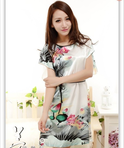 FREE SHIPPING 16 women's short-sleeve lacing colorful print faux silk nightgown robe silk sleepwear bathrobes 88