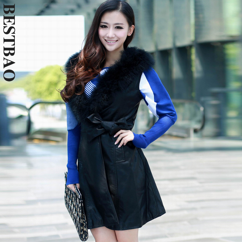free shipping 1631 fashion medium-long sleeveless PU clothing quality fur collar new arrival bestbao female