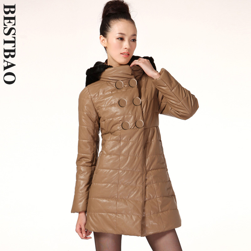 free shipping 1729 brief fashion double breasted leather wadded jacket detachable cap new arrival bestbao female