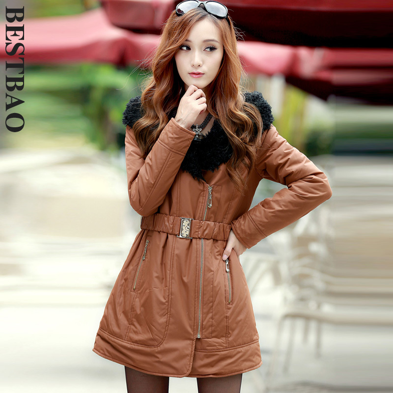 free shipping 1744 brief fashion with a hood zipper leather wadded jacket elastic waist belt new arrival bestbao female