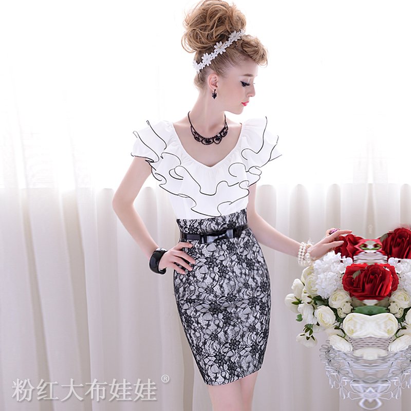 FREE SHIPPING 18.8USD 2012  white slim tight wavy ruffle black heart-shaped collar short-sleeve women's shirt