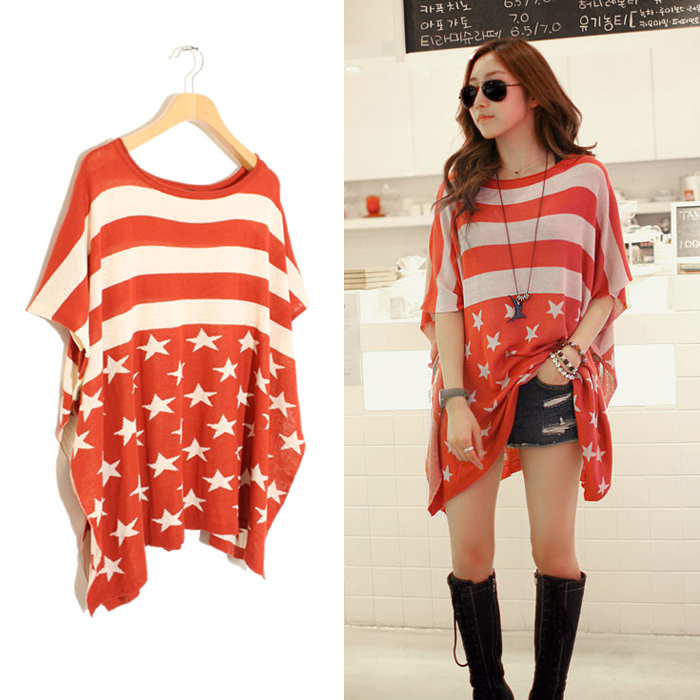 Free shipping 183 is loose five-pointed star sweater stripe batwing sleeve color block decoration knitted sweater shirt