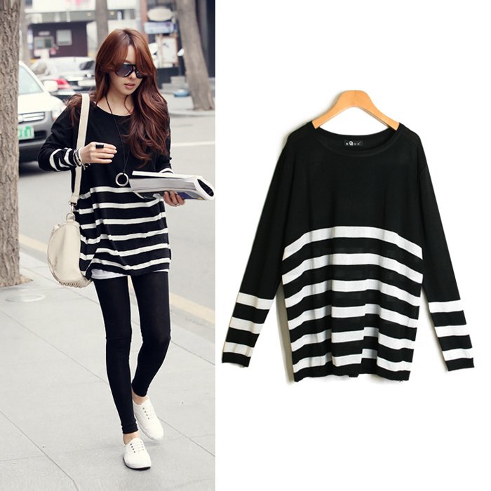 Free Shipping 186 is black and white stripe sweater women's medium-long loose long-sleeve knitted sweater shirt MY