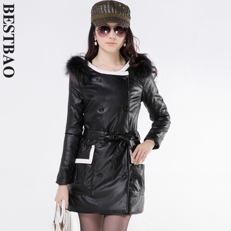 free shipping 1910 color block decoration double breasted lacing leather clothing raccoon fur medium-long bestbao female
