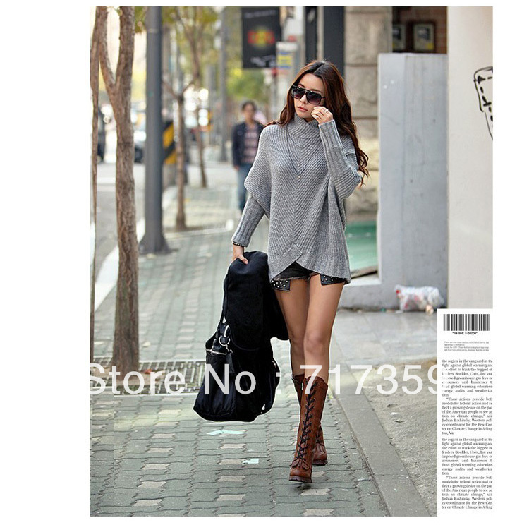 Free Shipping 1pc Fashion High Neck Asymmetrical Hem Batwing Knitwear Pullover Sweater   651052