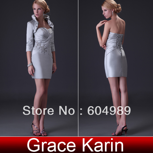 Free Shipping 1pc/lot Grace Karin Sexy Ladies Gray Strapless Satin Formal Evening Dress with Jacket CL3826