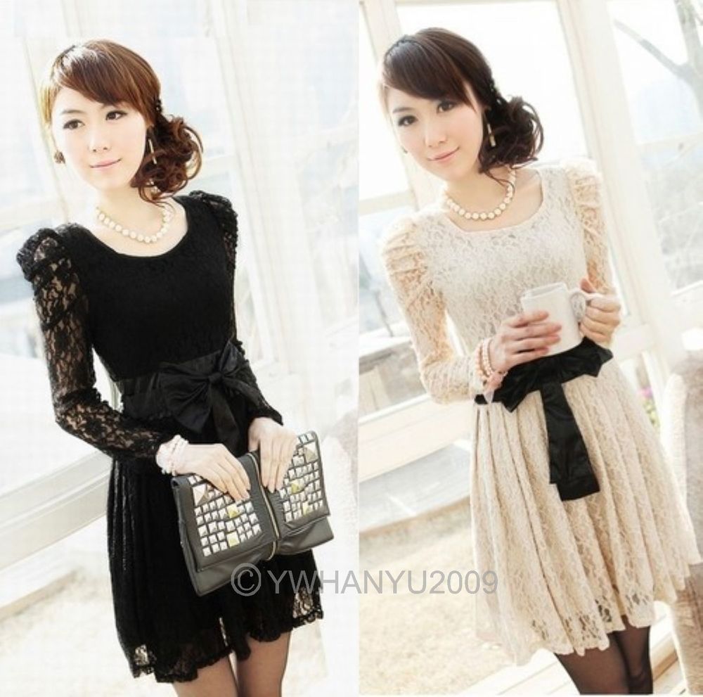 Free shipping 1pc  women's dress,Korean Bow style long-sleeved lace dress Black/Beige 80139/80140