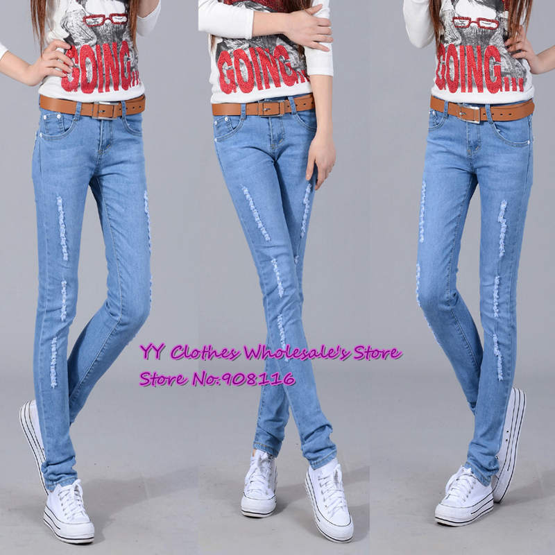 Free shipping,1pcs/lot,2013 Korean Women's Skinny hole Pencil Jeans Slim Fit Long Pants Trousers,26-31,X2820