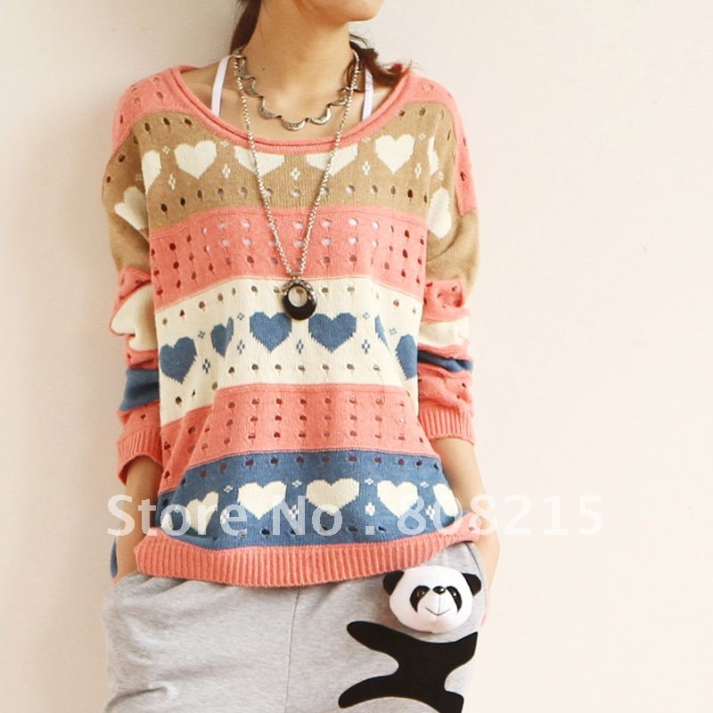 Free shipping 1pcs/lot autumn love pattern cutout color block sweater shirt sweater female cutout