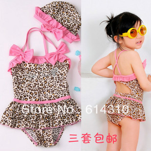 Free shipping! 1pcs lot Children Sexy Leopard Print Swimwear Pink Bow Baby Girls Swimsuits kid's bathing suits