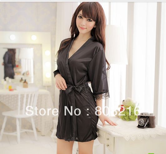 free shipping 1pcs/lot Hot-selling  solid color robe bathrobes female deep V-neck lace sexy nightdress