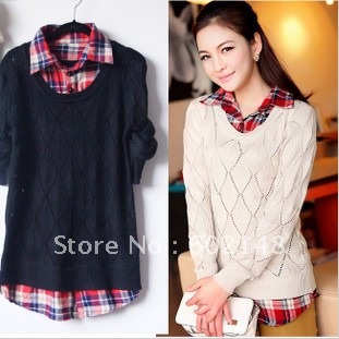 Free shipping 1pcs/lot Spring and autumn plaid collar  faux two piece set casual cutout outerwear/ women's knitwear