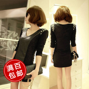 free shipping 1pcs Mushroom autumn women's fashion punk lace patchwork leather rivet slim hip one-piece dress