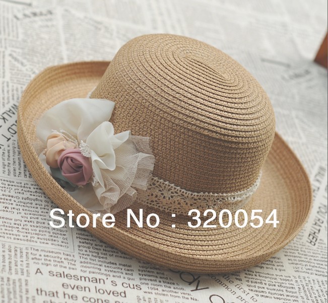 Free shipping,1pcs,South Korean women's straw hat, lace flower beach caps,sun hat, khaki, beige, wholesale.