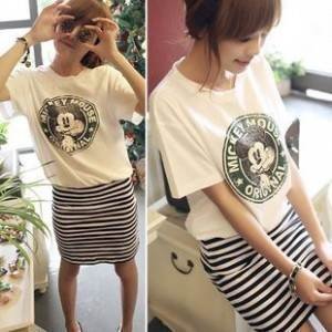 free shipping 1pcs summer latest style Mickey Mouse half sleeve Stripes Splice dress